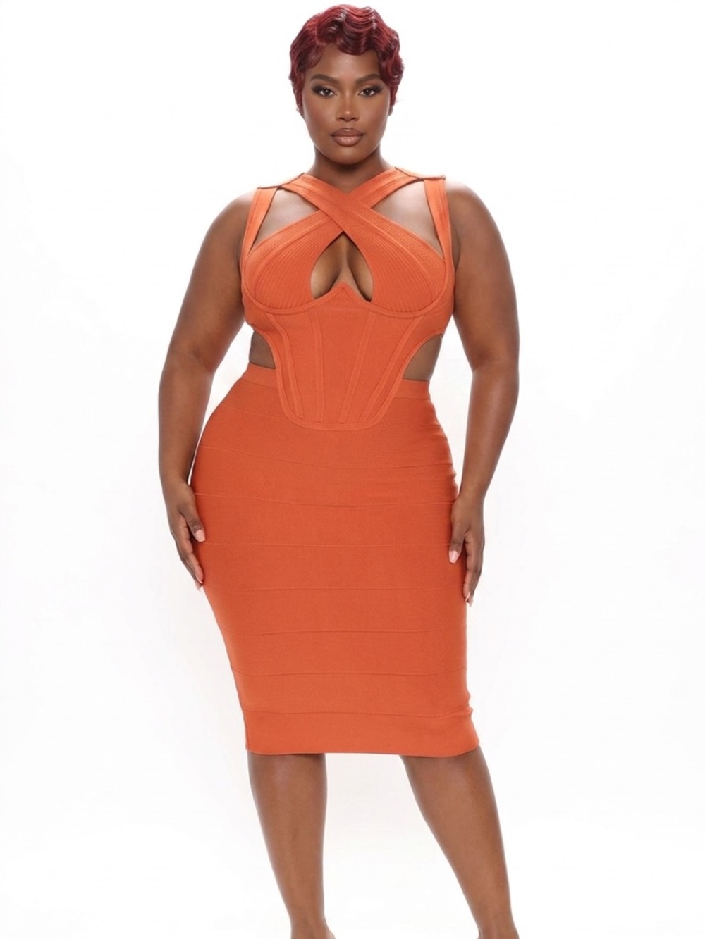 Sculpted Rust Orange Bandage Bodycon Dress